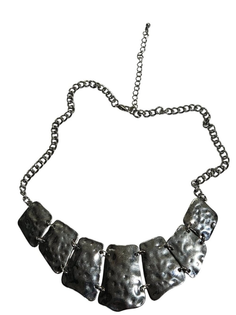 Silvertone Hammered Metal Bib Necklace 16 - 19 inches Long